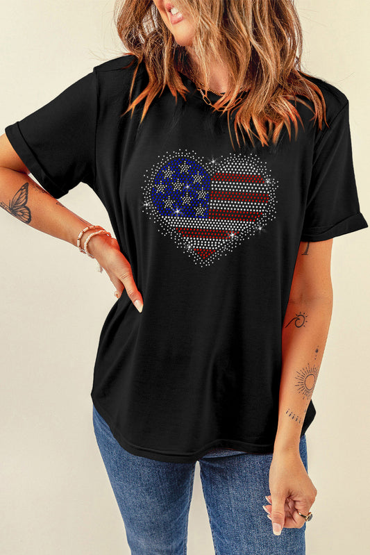 Rhinestone Heart Round Neck Short Sleeve T-Shirt